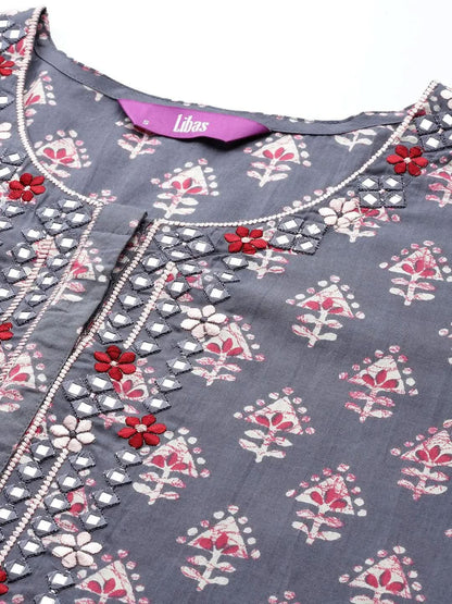 Libas Grey Printed Cotton Straight Kurta With Trousers & Dupatta