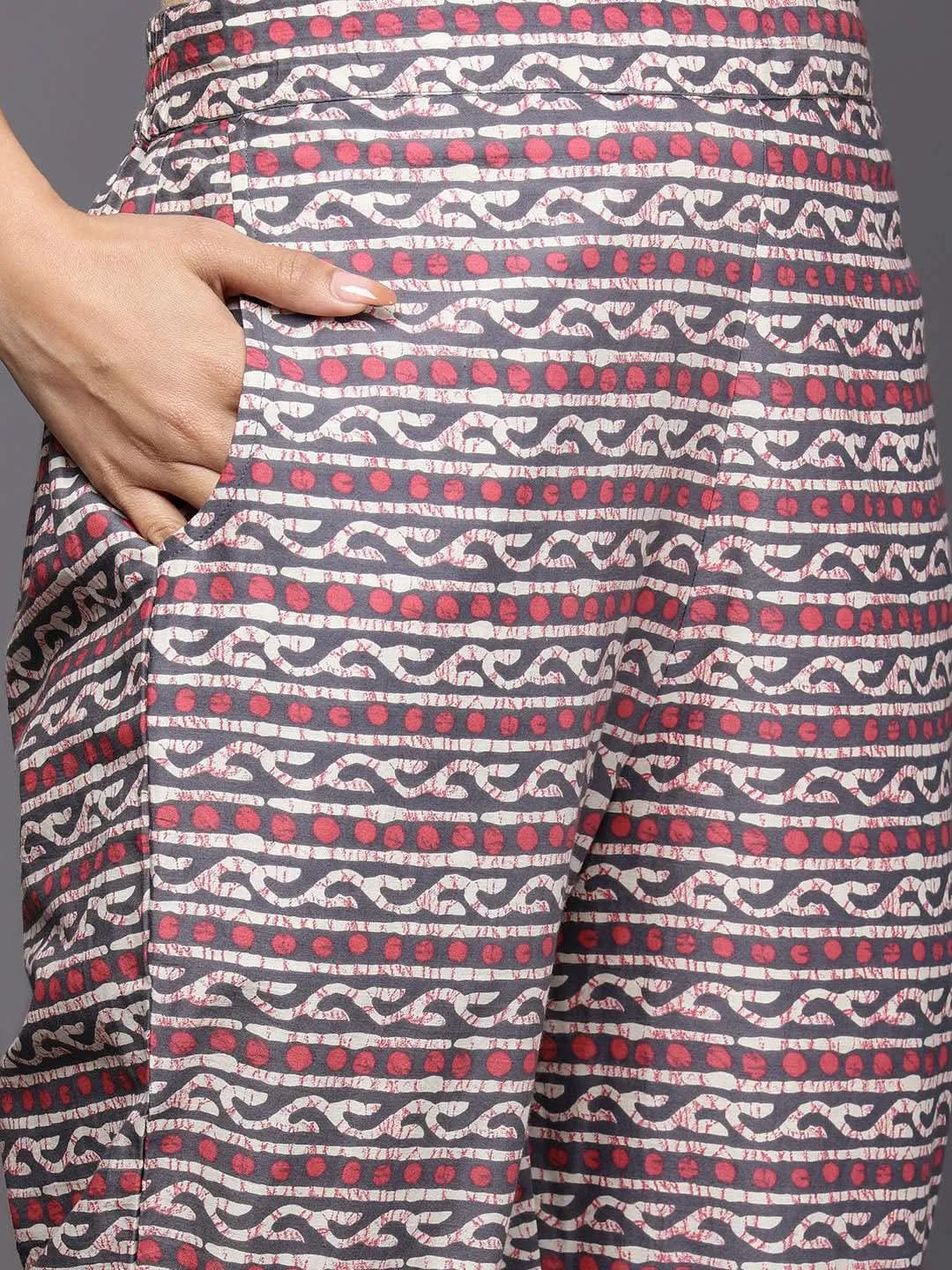 Libas Grey Printed Cotton Straight Kurta With Trousers & Dupatta