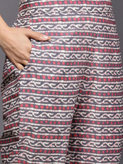 Libas Grey Printed Cotton Straight Kurta With Trousers & Dupatta