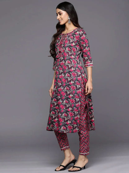 Libas Grey Printed Cotton Straight Kurta With Trousers