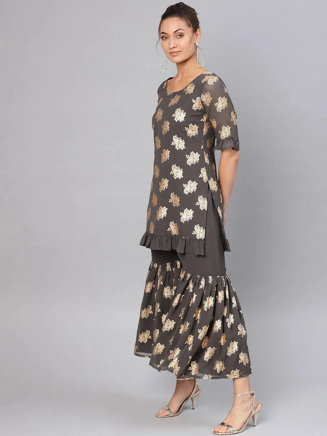 Libas Grey Printed Georgette Straight Kurta With Sharara & Stole