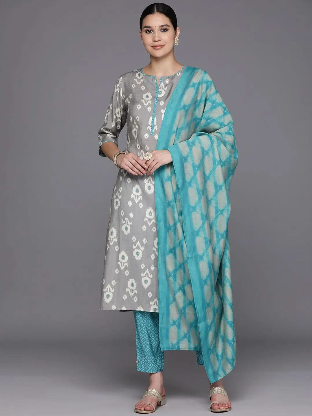Libas Grey Printed Silk Blend Straight Kurta With Trousers & Dupatta