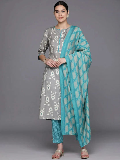 Libas Grey Printed Silk Blend Straight Kurta With Trousers & Dupatta
