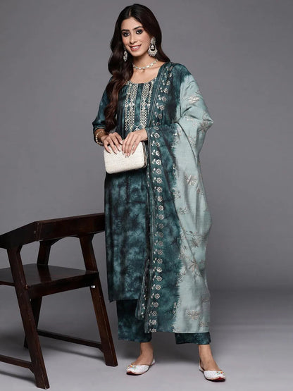 Libas Grey Printed Silk Blend Pakistani Suit