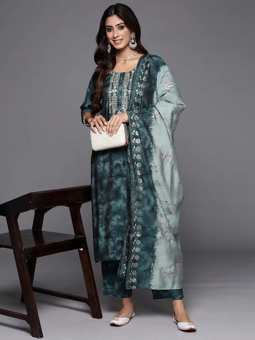 Libas Grey Printed Silk Blend Pakistani Suit