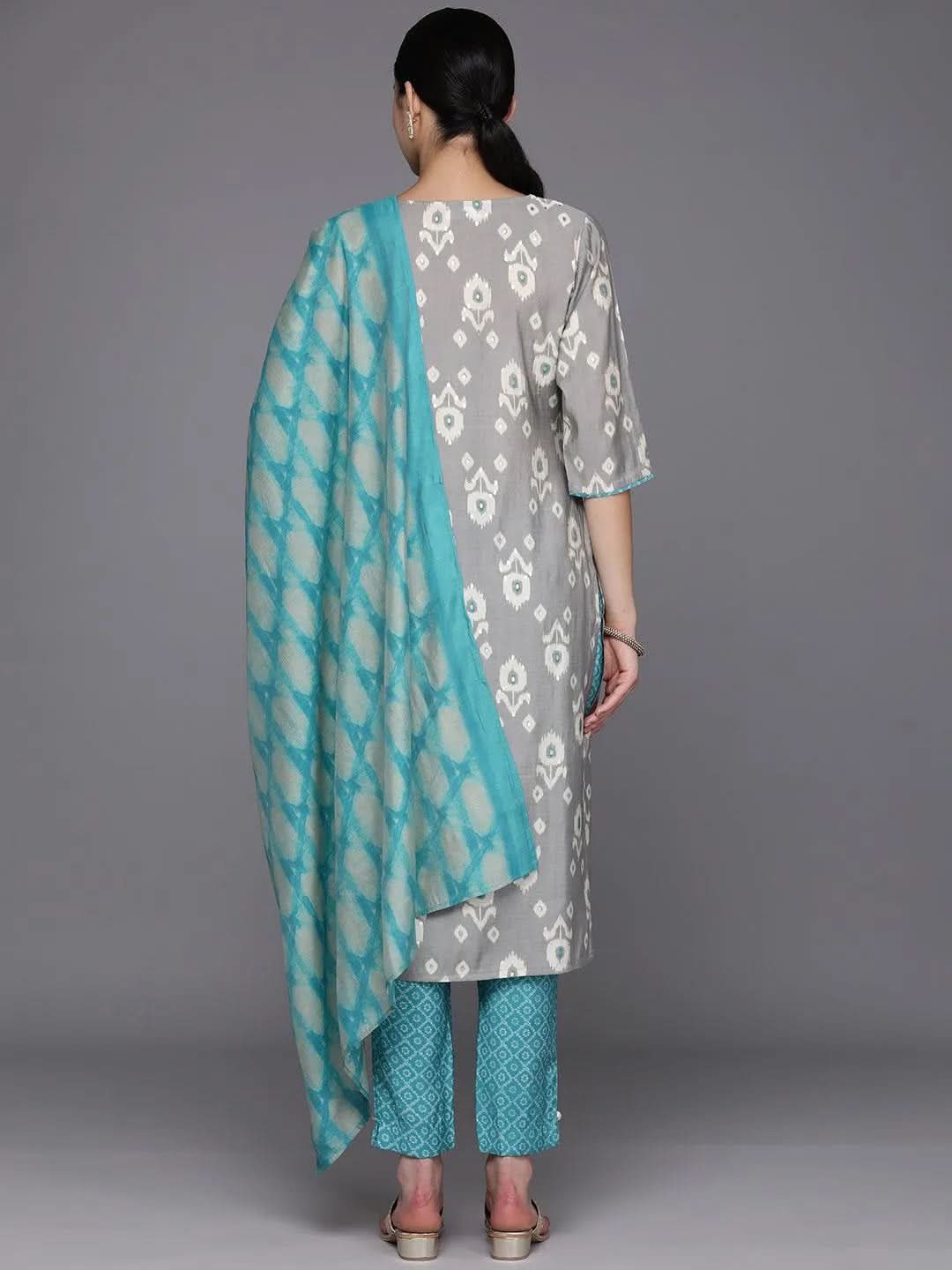 Libas Grey Printed Silk Blend Straight Kurta With Trousers & Dupatta