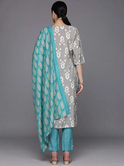 Libas Grey Printed Silk Blend Straight Kurta With Trousers & Dupatta