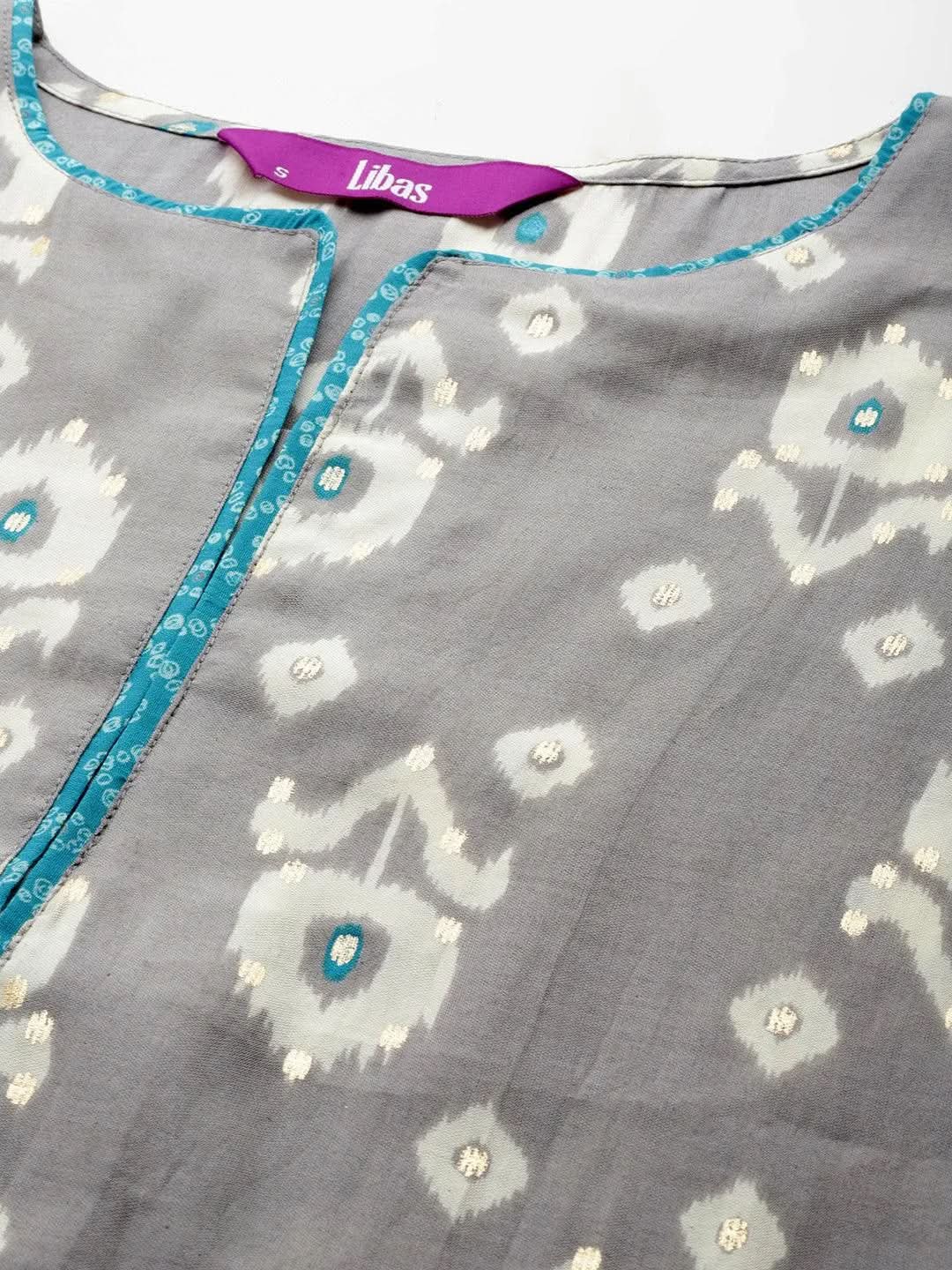 Libas Grey Printed Silk Blend Straight Kurta With Trousers & Dupatta