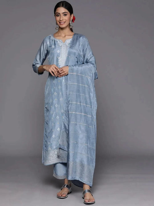 Libas Grey Self Design Silk Blend Straight Kurta With Trousers & Dupatta