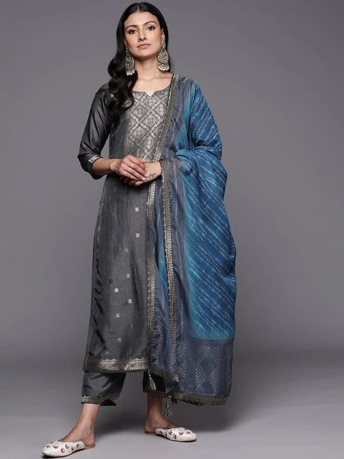 Libas Grey Self Design Silk Blend Straight Kurta With Trousers & Dupatta