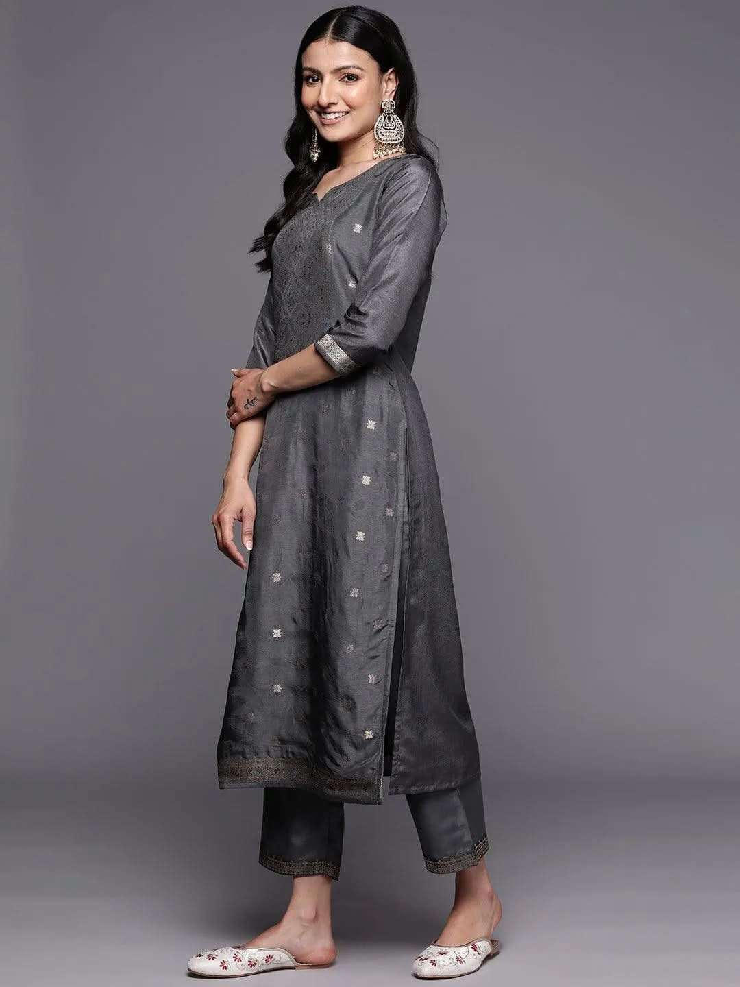 Libas Grey Self Design Silk Blend Straight Kurta With Trousers & Dupatta