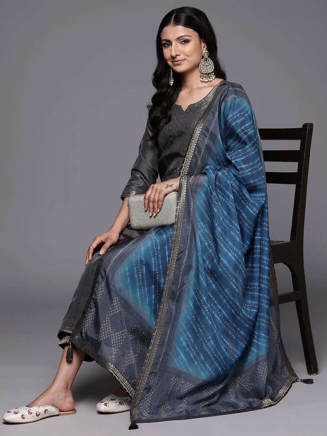 Libas Grey Self Design Silk Blend Straight Kurta With Trousers & Dupatta