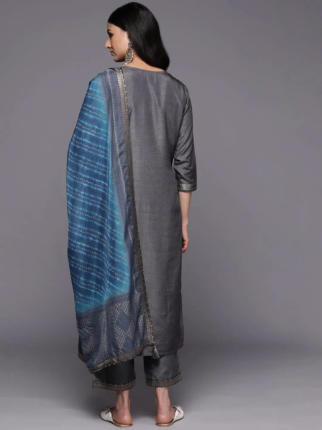 Libas Grey Self Design Silk Blend Straight Kurta With Trousers & Dupatta