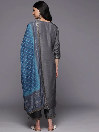 Libas Grey Self Design Silk Blend Straight Kurta With Trousers & Dupatta