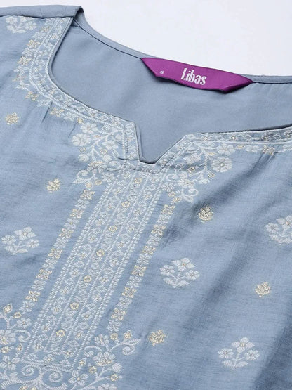 Libas Grey Self Design Silk Blend Straight Kurta With Trousers & Dupatta