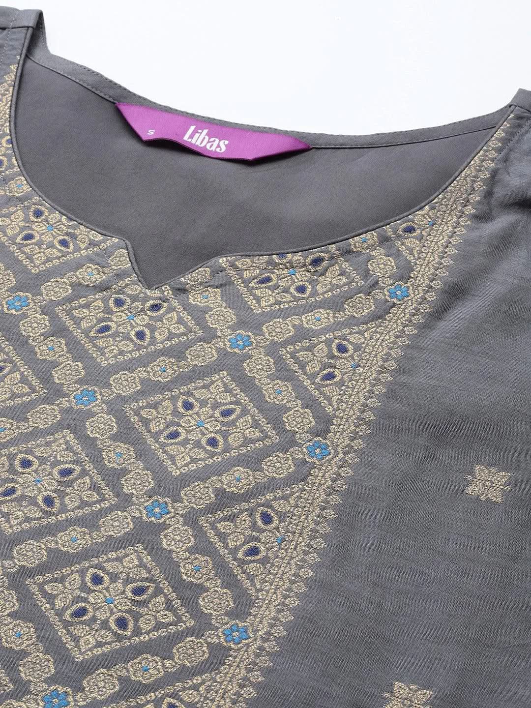 Libas Grey Self Design Silk Blend Straight Kurta With Trousers & Dupatta