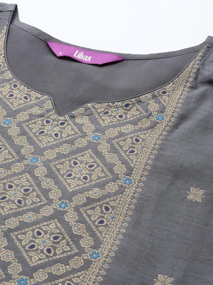 Libas Grey Self Design Silk Blend Straight Kurta With Trousers & Dupatta