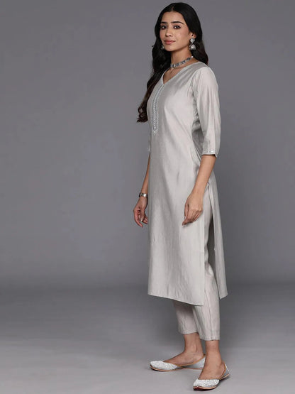 Libas Grey Yoke Design Silk Blend Straight Suit With Dupatta