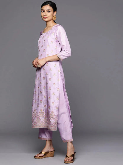 Libas Lavender Woven Design Silk Blend Straight Kurta With Trousers & Dupatta
