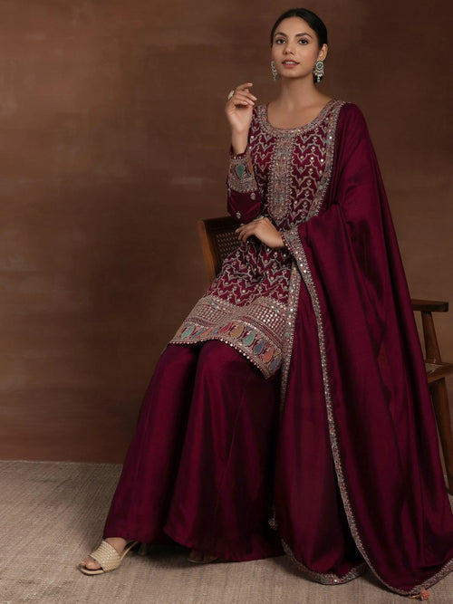 Libas Adaa Wine Embroidered Silk Blend Straight Kurta With Palazzos & Dupatta
