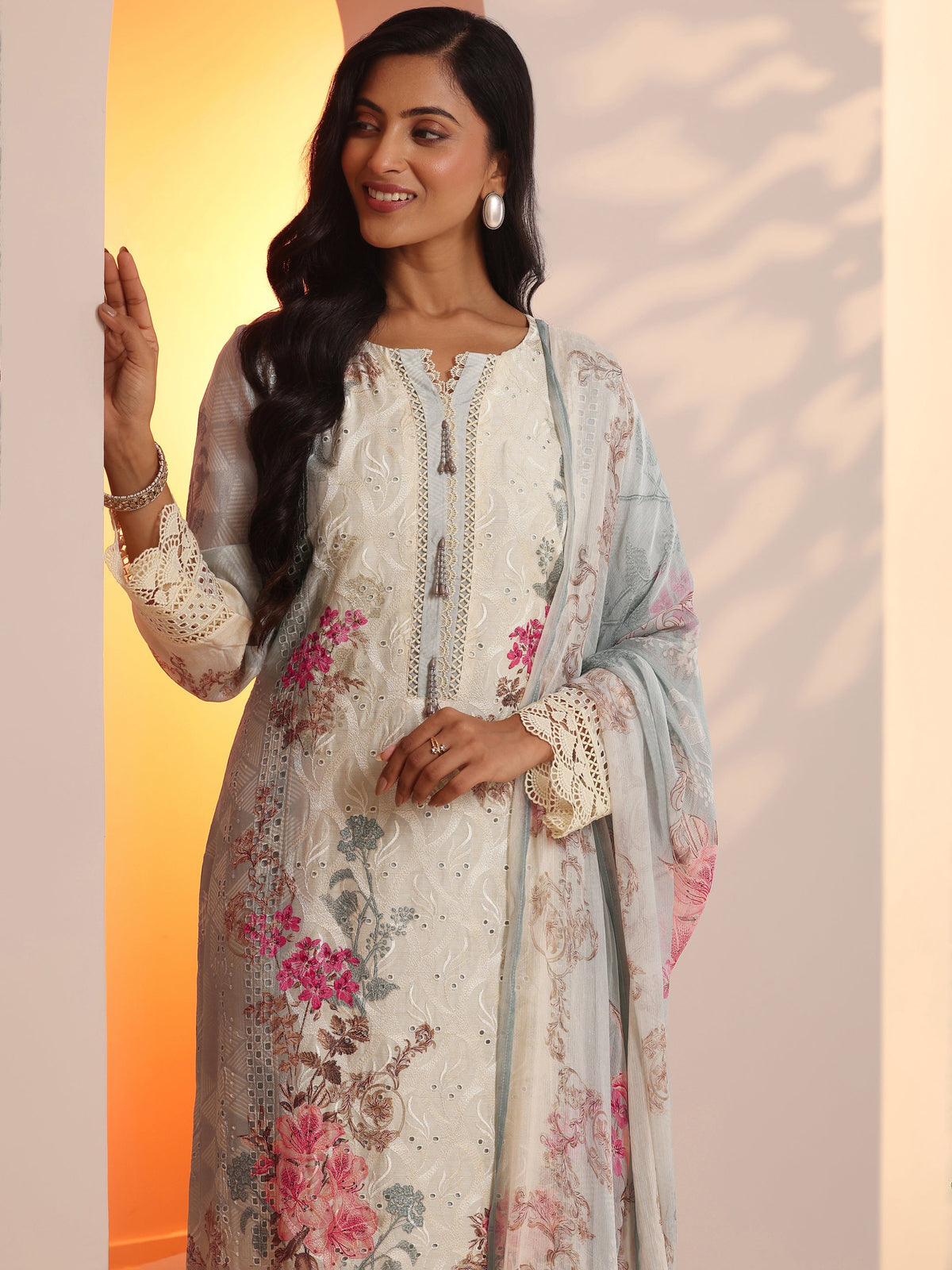 Libas Grey Embroidered Silk Blend Straight Suit Set With Dupatta