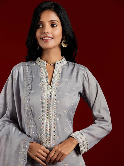 Libas Grey Embroidered Silk Blend Straight Suit With Dupatta