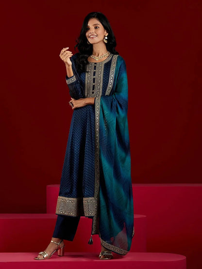 Libas Blue Printed Chiffon Anarkali Suit With Dupatta