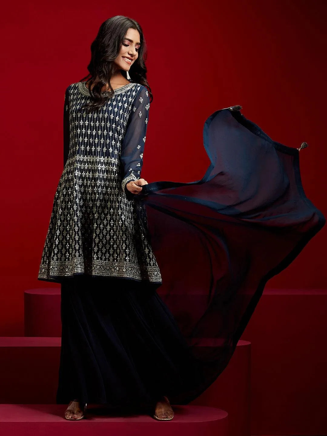 Libas Navy Blue Embroidered Georgette A-Line Kurta With Sharara & Dupatta