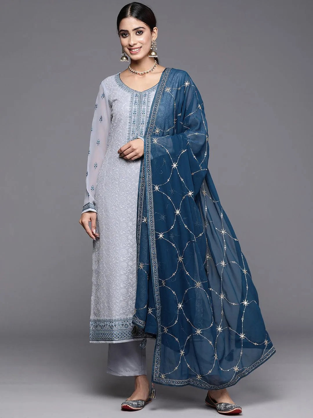Libas Blue Embroidered Georgette Straight Suit With Dupatta