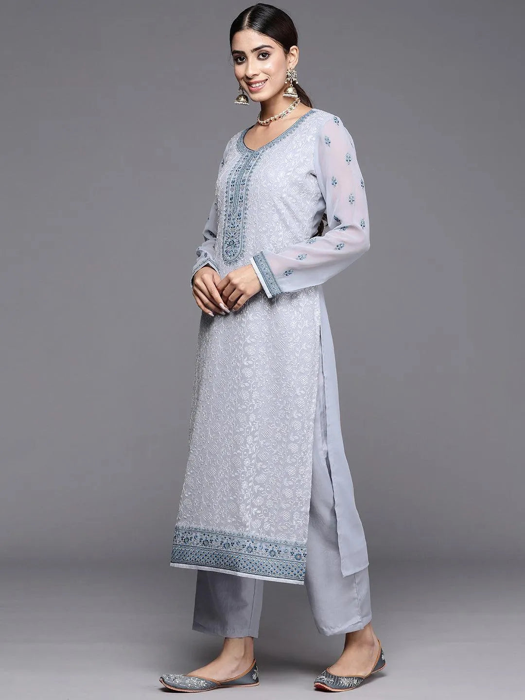 Libas Blue Embroidered Georgette Straight Suit With Dupatta