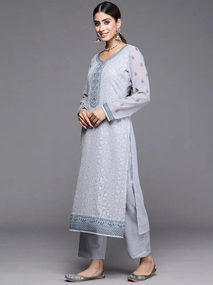 Libas Blue Embroidered Georgette Straight Suit With Dupatta