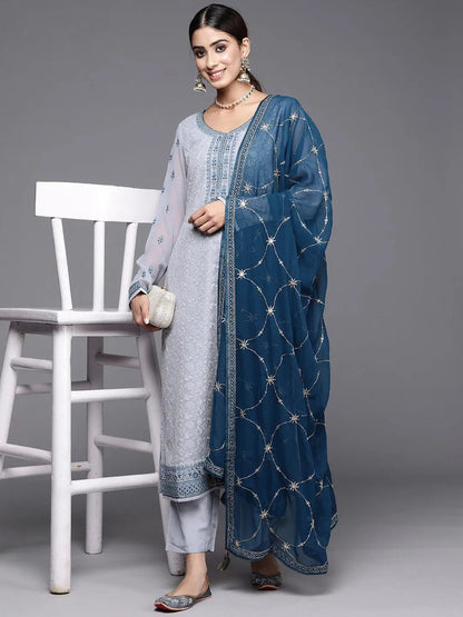 Libas Blue Embroidered Georgette Straight Suit With Dupatta