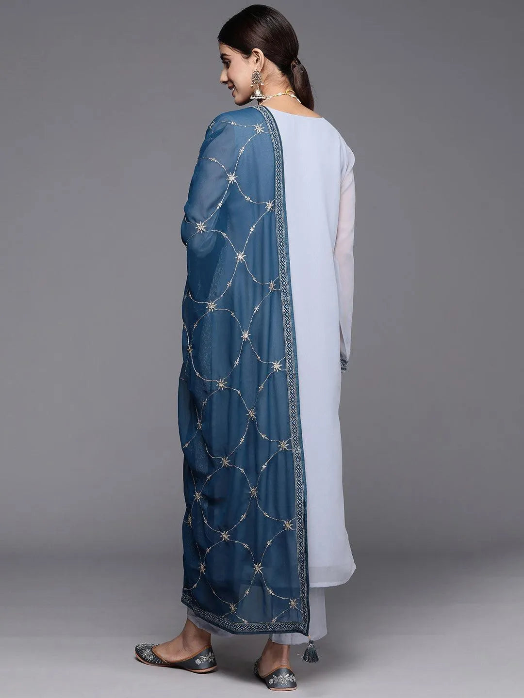 Libas Blue Embroidered Georgette Straight Suit With Dupatta
