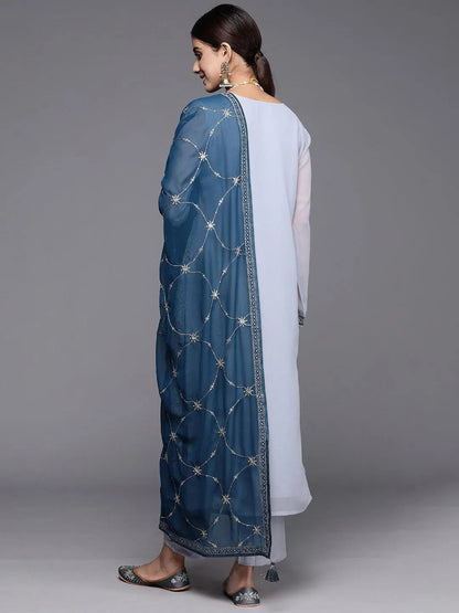 Libas Blue Embroidered Georgette Straight Suit With Dupatta