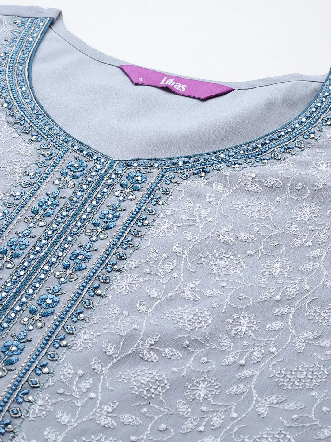 Libas Blue Embroidered Georgette Straight Suit With Dupatta