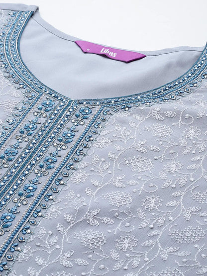 Libas Blue Embroidered Georgette Straight Suit With Dupatta