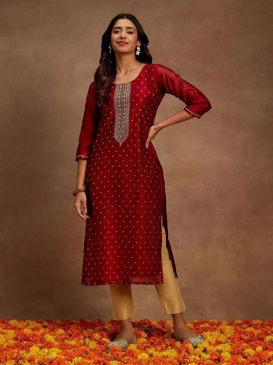 Libas Maroon Chanderi Silk Woven Design Kurta
