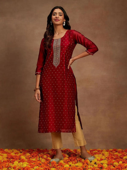 Libas Maroon Chanderi Silk Woven Design Kurta