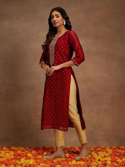 Libas Maroon Chanderi Silk Woven Design Kurta