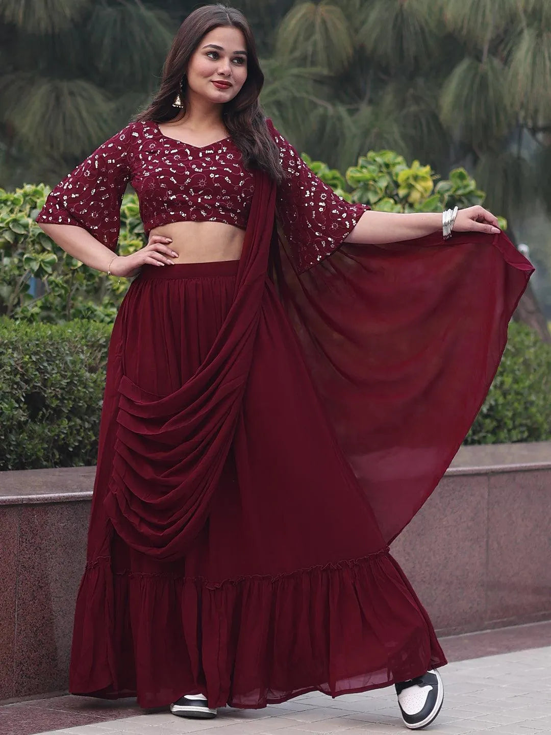 Libas Maroon Embroidered Georgette Saree