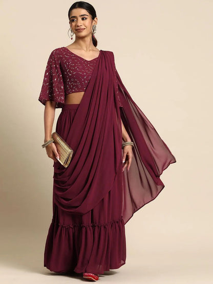 Libas Maroon Embroidered Georgette Saree