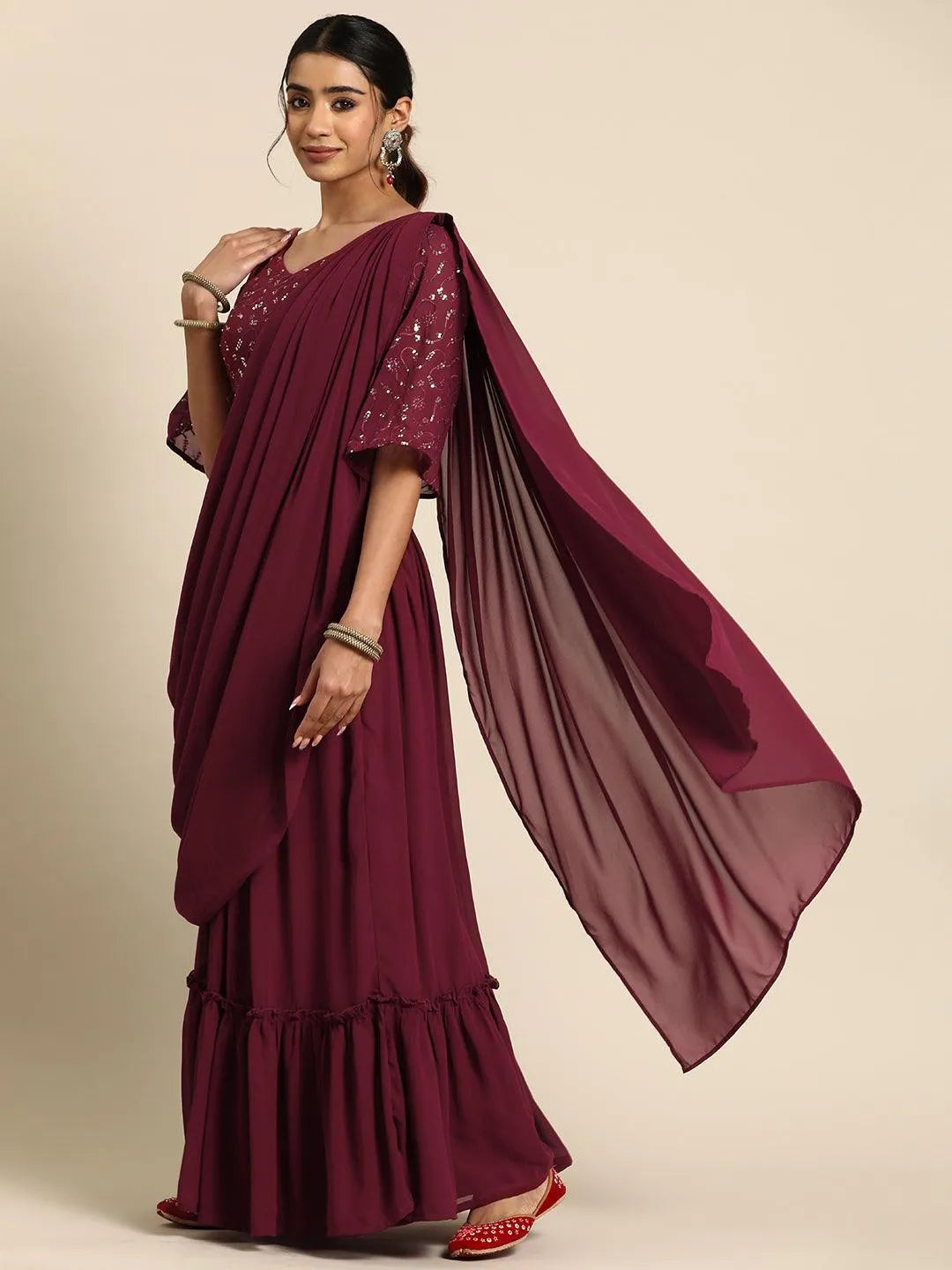 Libas Maroon Embroidered Georgette Saree