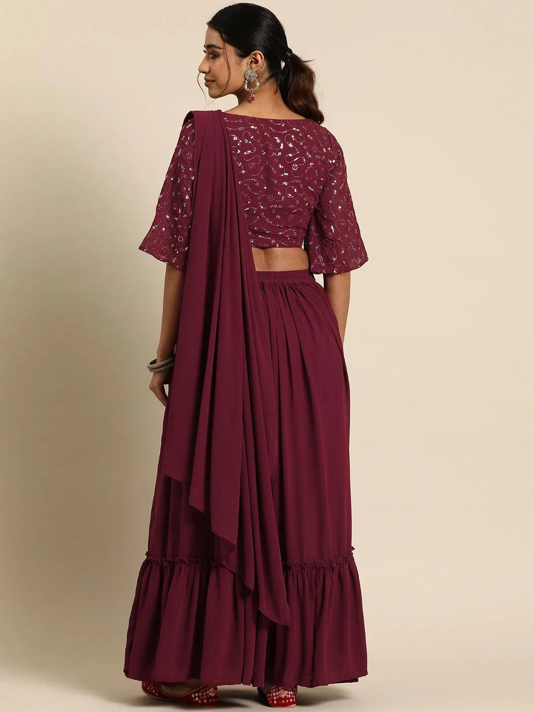 Libas Maroon Embroidered Georgette Saree