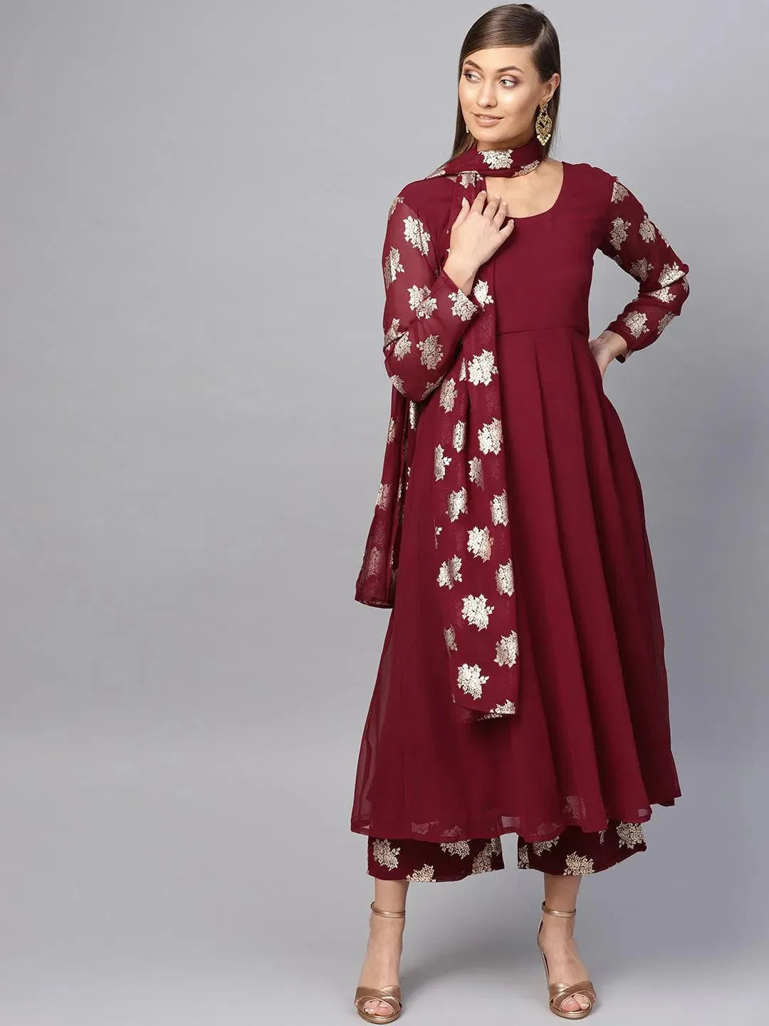 Libas Maroon Solid Georgette Anarkali Kurta With Stole