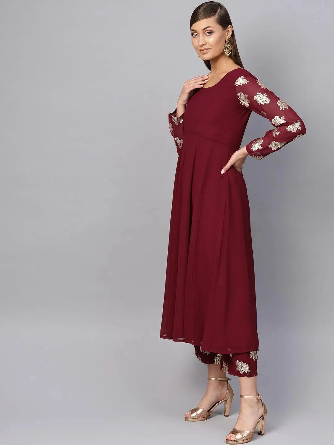 Libas Maroon Solid Georgette Anarkali Kurta With Stole