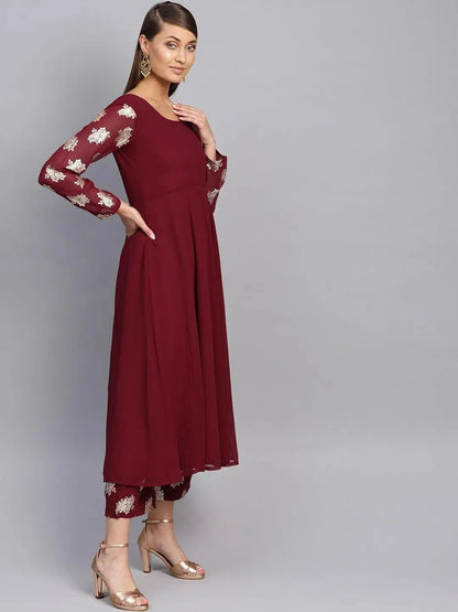 Libas Maroon Solid Georgette Anarkali Kurta With Stole
