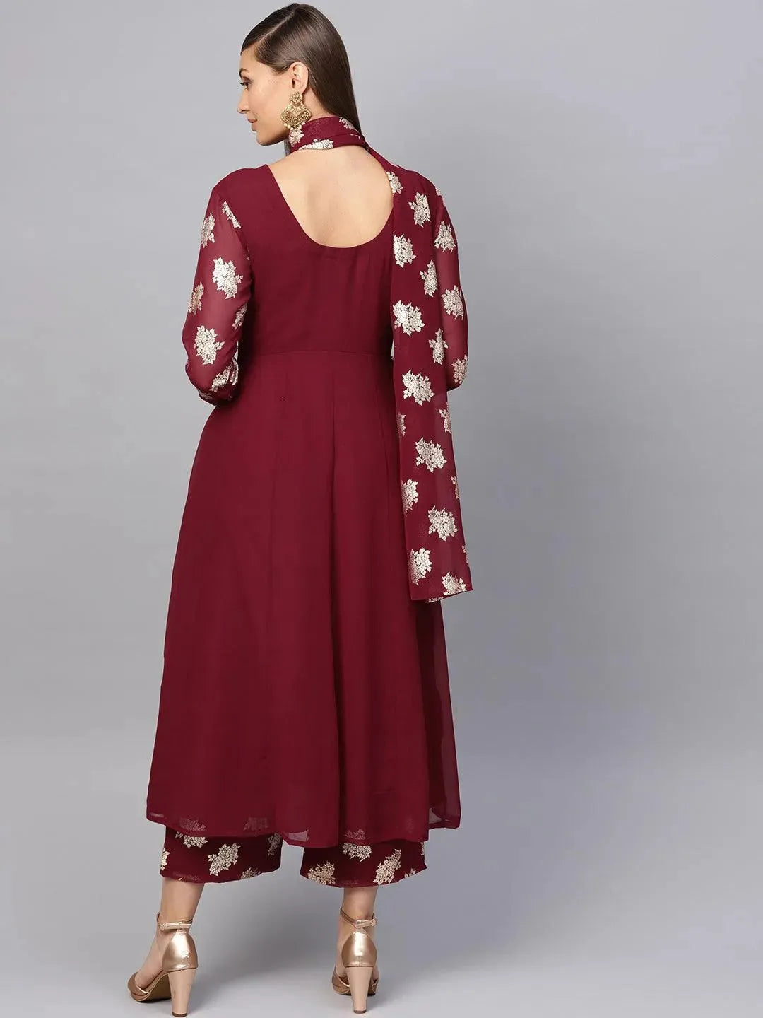 Libas Maroon Solid Georgette Anarkali Kurta With Stole