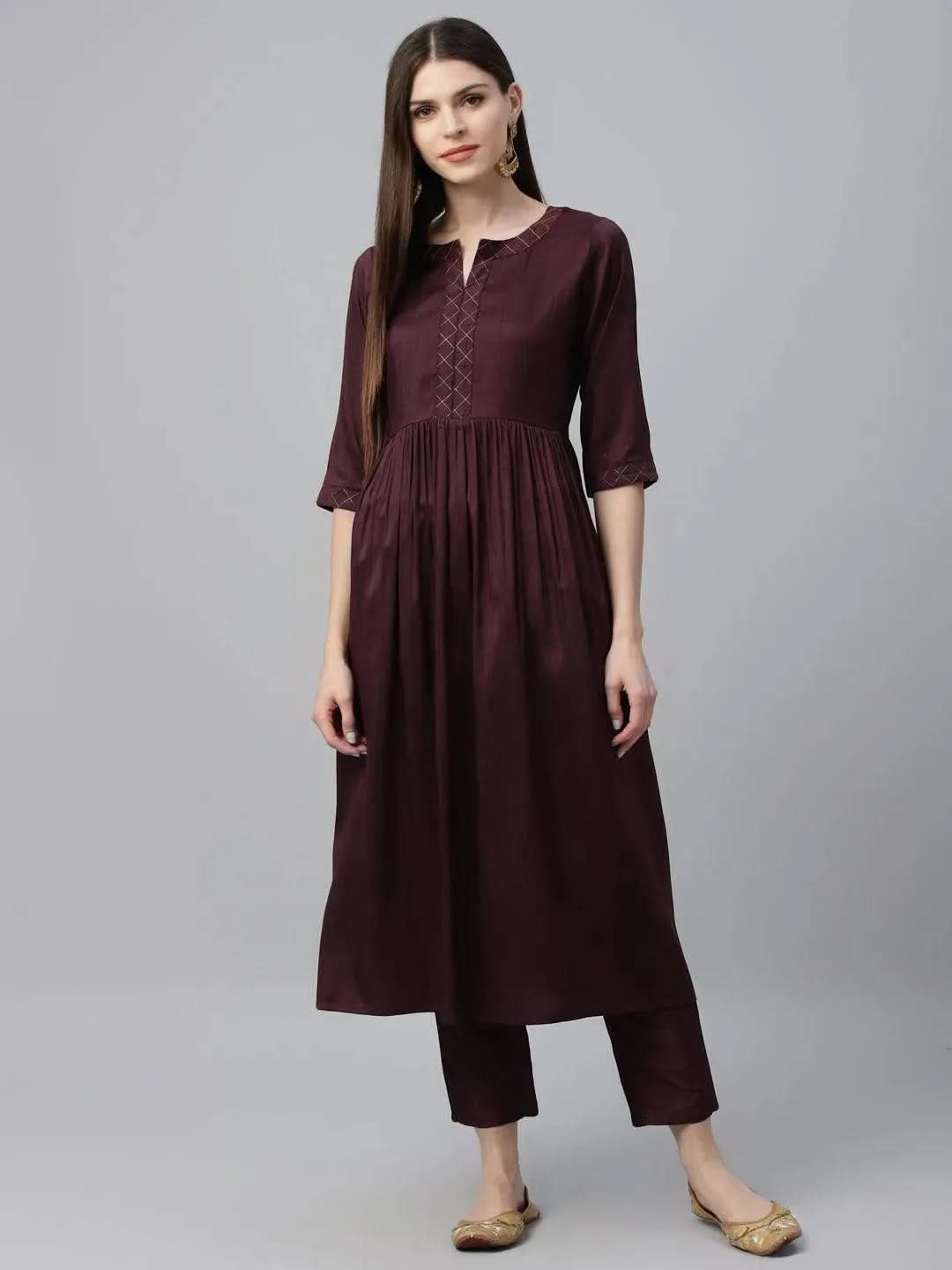 Libas Maroon Solid Polyester A-Line Kurta With Trousers