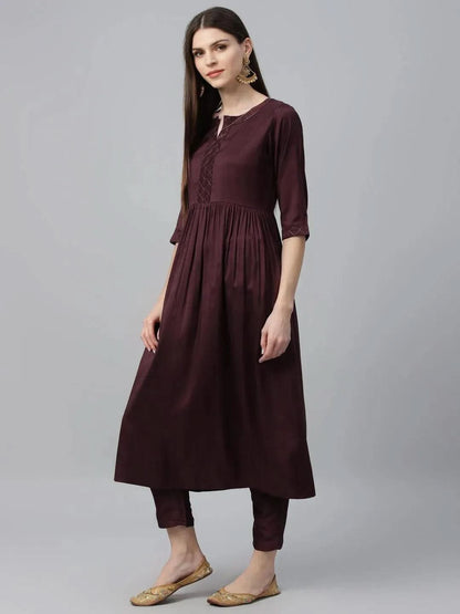 Libas Maroon Solid Polyester A-Line Kurta With Trousers