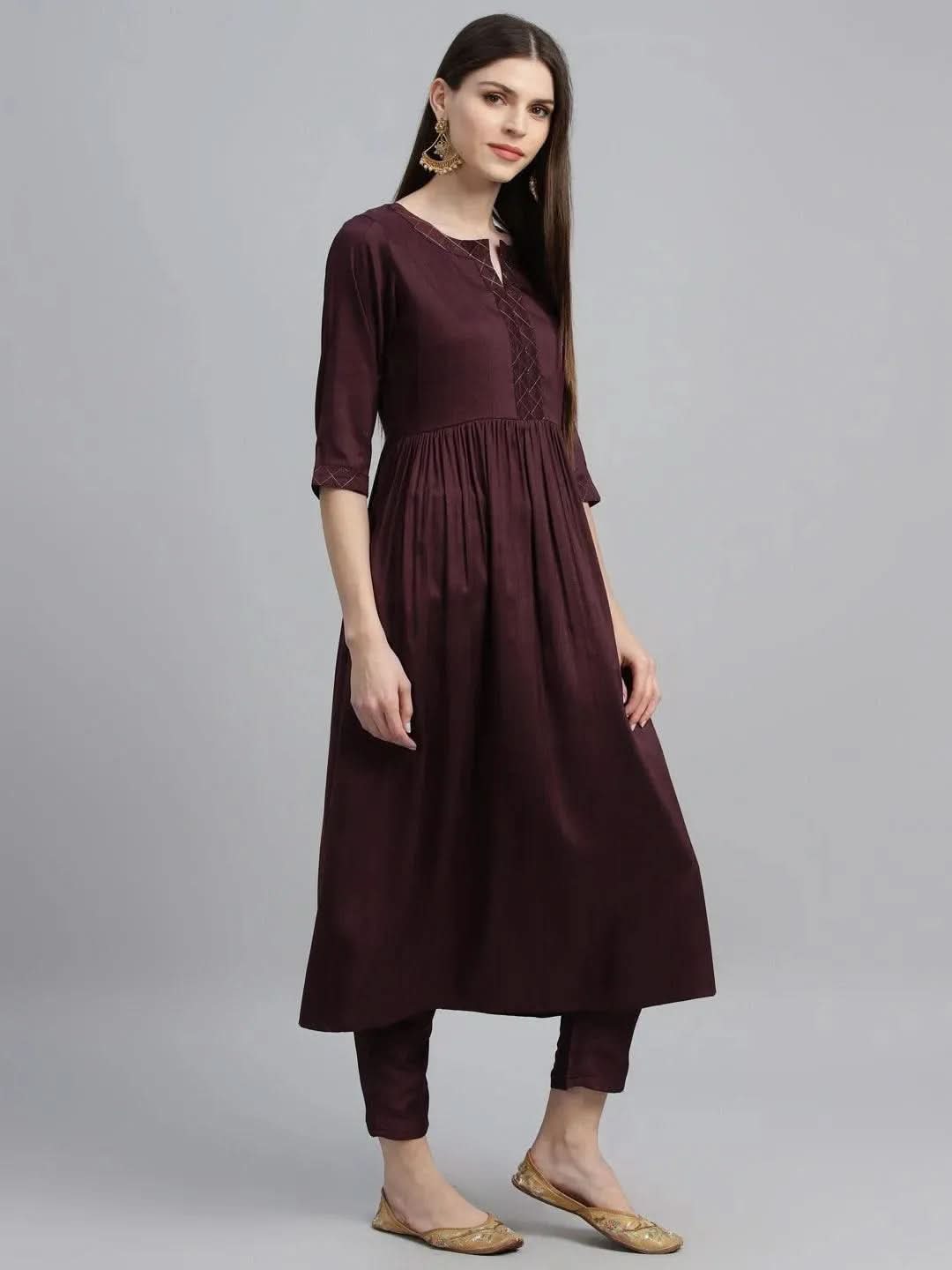 Libas Maroon Solid Polyester A-Line Kurta With Trousers